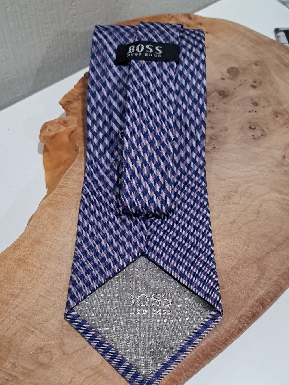 Hugo Boss Purple and Navy Diagonal Check100% Silk Tie